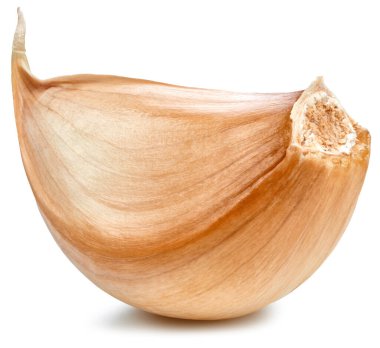 Beyaz arka planda izole edilmiş sarımsak karanfilleri. Sarımsak toplama yolu. Stüdyo makro çekimi