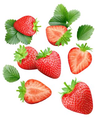 Beyaz arka planda yarı izole edilmiş çilek. Yapraklı Çilek Kırpma Yolu