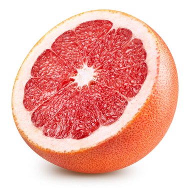Beyaz arkaplanda greyfurt izole edilmiş. Greyfurt narenciye kesme yolu. Greyfurt yarım makro stüdyo fotoğrafı