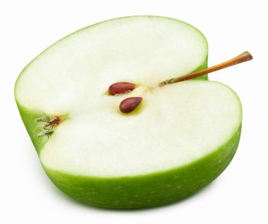 Yeşil elmanın yarısı beyaza izole edilmiş. kırpma yolu ile