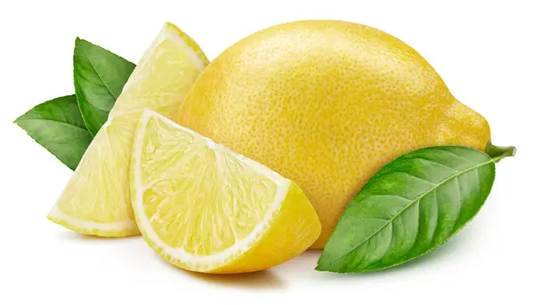 Grupo Limões Com Folhas Isoladas Sobre Fundo Branco Limão Com — Fotografia de Stock
