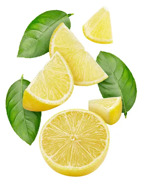 Fruta Limão Com Fatias Limão Folhas Isoladas Fundo Branco Limão — Fotografia de Stock