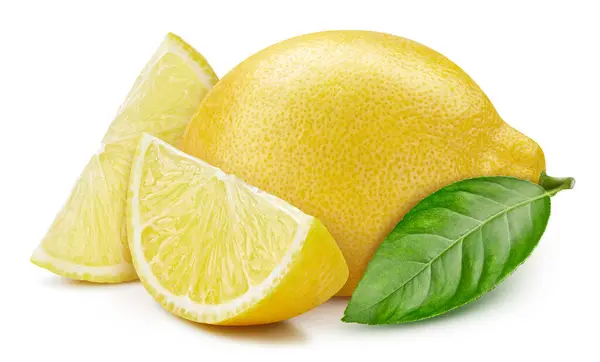 Limão Fresco Com Corte Meio Folhas Isoladas Fundo Branco Limão — Fotografia de Stock
