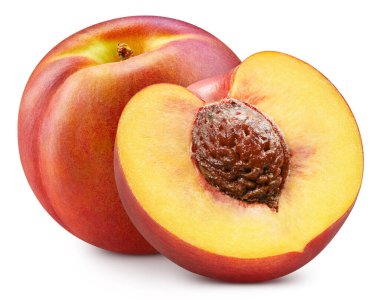 Şeftali. Beyaz arka planda izole edilmiş organik şeftali. Şeftali meyvesi kırpma yolu