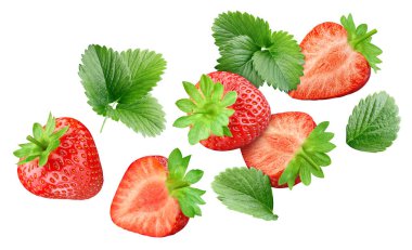 Çilek soyutlanmış. Yarısı beyaz arkaplanlı çilek. Yapraklı çilek. kırpma yolu ile