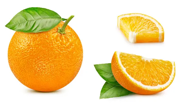 Orange Fruit Leaf Isolate Orange Whole Half Slice Leaves White — Stock Photo, Image