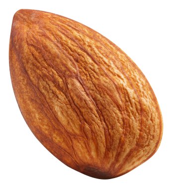 Olgun taze badem kesme yolu. Organik taze badem. Beyaz arkaplanda izole edilmiş bir badem.