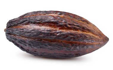 Kakao kabuğu izole edildi. Beyaz arka planda kakao çekirdeği meyvesi ve kırpma yolu. Kesme yolu olan kakao çekirdeği.