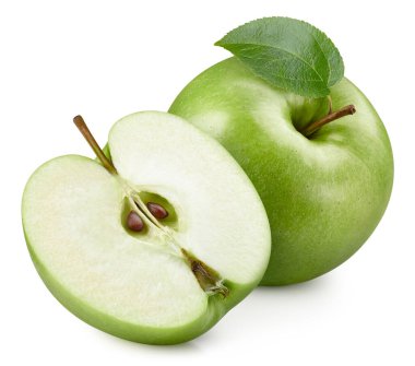 Beyaz arka planda yaprağı olan taze yeşil elma meyvesi. Elma toplama yolu. Taze organik elma. Tam alan derinliği