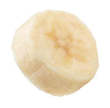 Beyaz arka planda izole edilmiş muz dilimleri. Muzlu meyve kesme yolu. Muz dilimleri makro stüdyo fotoğrafı