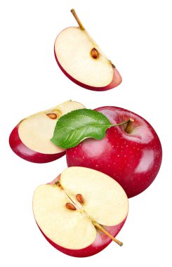 Kırmızı elma koleksiyonu beyaz arka planda izole edildi. Taze elma yaprağı. Elma kırıntısı. Kırmızı elma makro stüdyo fotoğrafı