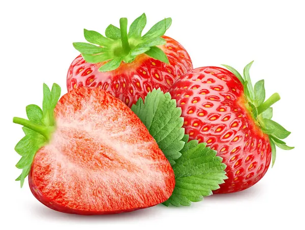 草莓被隔离了带有一半白色背景的草莓 有叶子的草莓果 有快捷方式 — 图库照片
