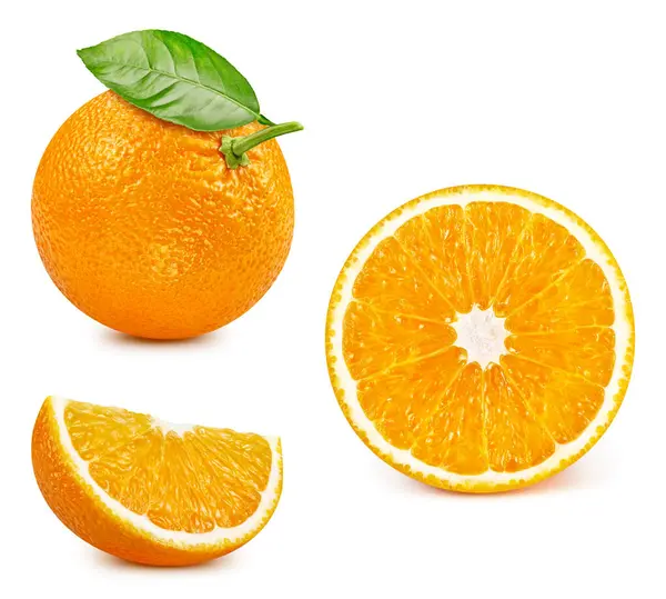 Orangenfrucht Mit Blattisolat Orange Ganz Halb Scheiben Geschnitten Blätter Auf — Stockfoto