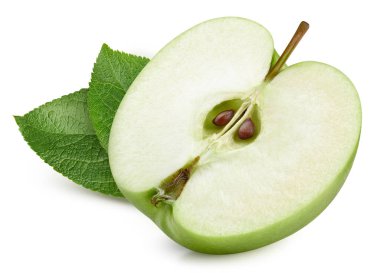 Beyaz arka planda izole edilmiş olgun elma meyvesi. Kırpma yolu olan elmanın yarısı. Elmalı meyve makro stüdyo fotoğrafı
