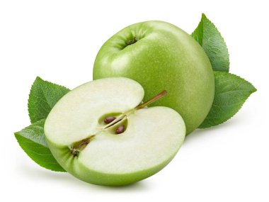 Yeşil elma toplama yolu. Olgunlaşmış elma meyvesi, beyaz arka planda izole edilmiş, kırpma yolu var. Elmalı meyve makro stüdyo fotoğrafı