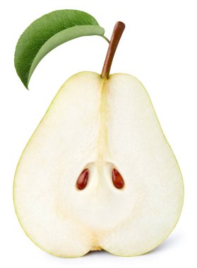 Beyaz arka planda yaprakları olan bir armut. Yarı makro stüdyo fotoğrafı. Kırpma yolu olan armutlar