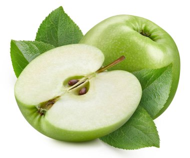 Yaprak kırpma yolu olan olgun bir elma. Beyaz üzerine izole edilmiş organik taze elma. Tam alan derinliği