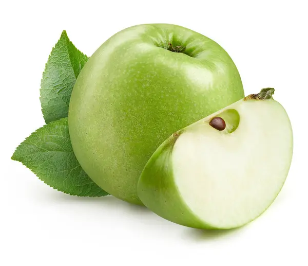 Organic Apple Isolated White Background Taste Green Apple Leaves Full — Stock Photo, Image