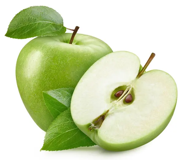 Whole Green Apple Half Isolated White Background Apple Clipping Path — Stock Photo, Image