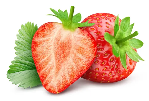 带有叶子隔离的草莓果 草莓全 叶子在白色上 草莓剪枝路径 — 图库照片