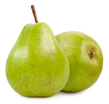 Yeşil armut beyaza izole edilmiş. Taze armut meyvesi. Olgun armut kırpma yolu. Tam alan derinliği