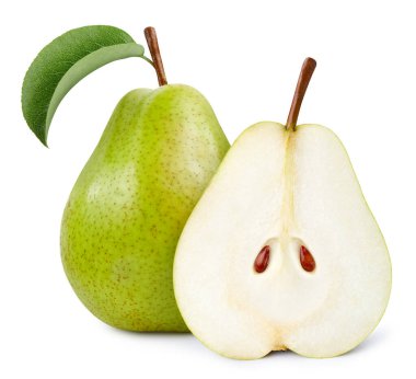 Yeşil yaprak kırpma yolu ile olgunlaşmış armut. Beyaz üzerine organik taze armut. Tam alan derinliği