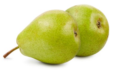 Yeşil armut beyaza izole edilmiş. Taze armut meyvesi. Olgun armut kırpma yolu. Tam alan derinliği