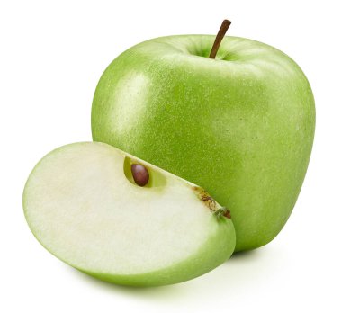 Apple beyaz arka planda izole edilmiş. Elma ve dilim makro stüdyo fotoğrafı. Kırpma yolu olan elma