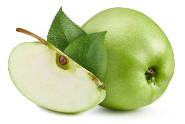 Beyaz arka planda yaprakları olan yeşil elma. Elma kırpma yolu.