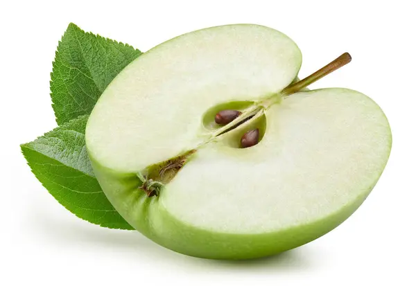 Zralé Zelené Jablko Polovina Listem Izolované Bílém Pozadí Výstřižkem Cesta Royalty Free Stock Fotografie