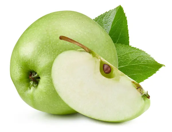 Olgun Elma Yeşil Yaprak Kırpma Yolu Beyaz Üzerine Izole Edilmiş Telifsiz Stok Fotoğraflar