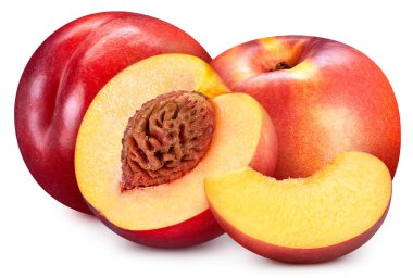 Şeftali beyaz arkaplanda izole edilmiş. Taze şeftali meyvesi. Kırpma yolu olan şeftali