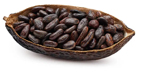 Kakaoschote Kakaoschote Isoliert Auf Weißem Hintergrund Kakaobohne Mit Schnittpfad — Stockfoto