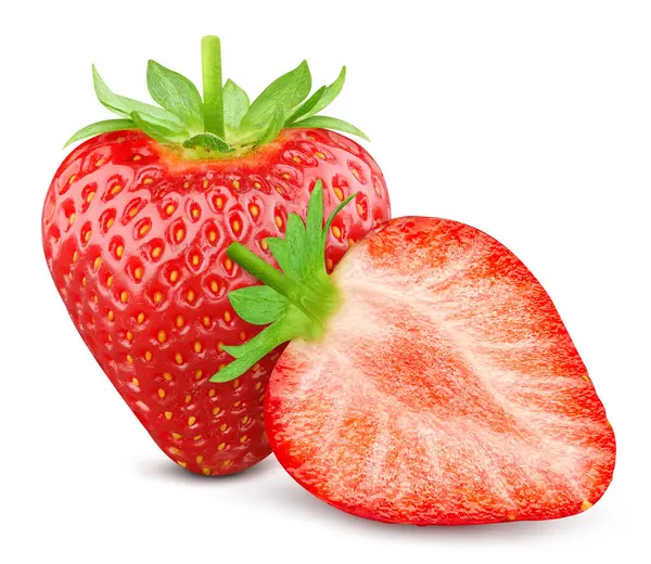 分离新鲜草莓 草莓和叶子在白色背景上被隔离 有修剪路径 — 图库照片