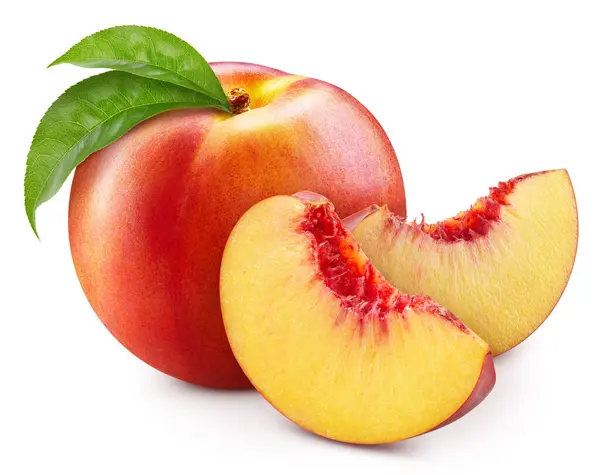 Peach Slice Leaves Isolated Peaches White Background Peach Clipping Path Stock Picture