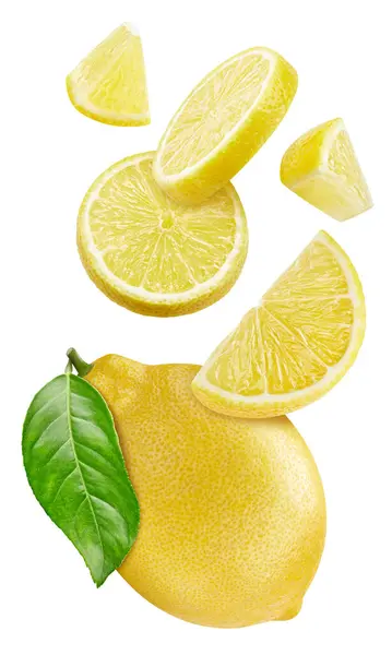 Літаючий Лимонний Відсікаючий Контур Зрізати Цілий Лимон Скибочки Ізольовані Білому Ліцензійні Стокові Фото