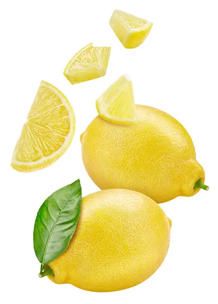 フライングレモンクリッピングパス レモンとスライス全体をクリッピングパスで白い背景に分離します レモンフルーツセットマクロスタジオ写真 ストック画像