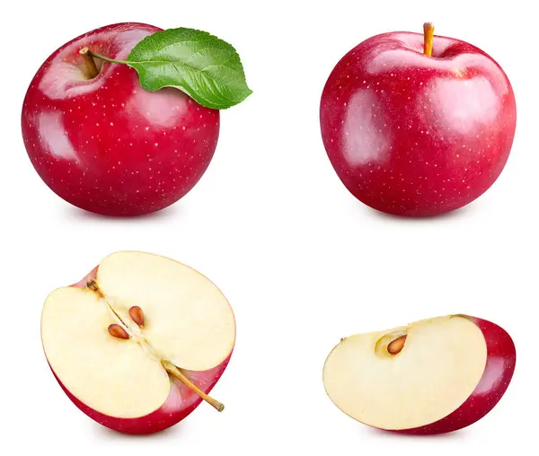 红色的苹果在白色背景上被分离出来 新鲜的苹果叶 收割小径苹果 红苹果大工作室照片 免版税图库照片