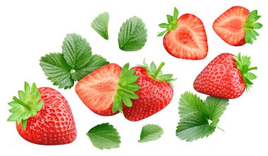 Kırpma yolu olan çilek. Organik çilek koleksiyonu. Çilek beyaz arkaplanda izole edildi.