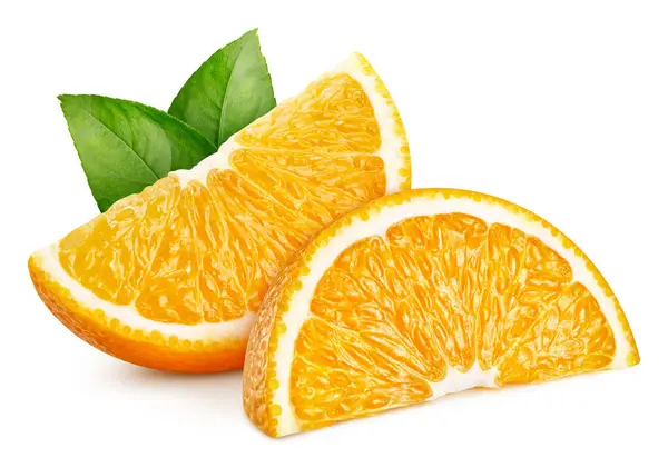Oranje Schijfje Met Bladeren Knippad Biologische Verse Sinaasappelschijfje Geïsoleerd Wit Stockfoto