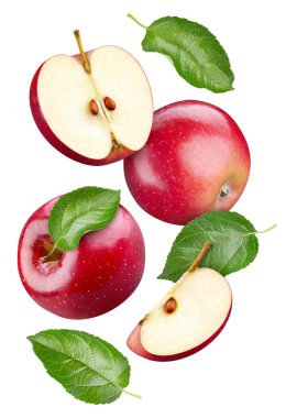 Yaprak izole edilmiş kırmızı elma meyvesi. Beyaz üzerine kırmızı elma yaprakları. Elma toplama yolu. Üst Düzey Erişim