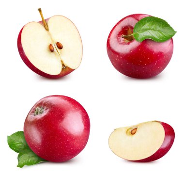 Kırmızı elma koleksiyonu beyaz arka planda izole edildi. Taze elma yaprağı. Elma kırıntısı. Kırmızı elma makro stüdyo fotoğrafı