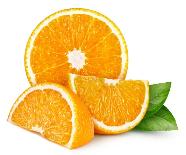オレンジの果実は白い背景で半分隔離されました 葉が付いているオレンジのスライス クリッピングパス オレンジ ストック画像