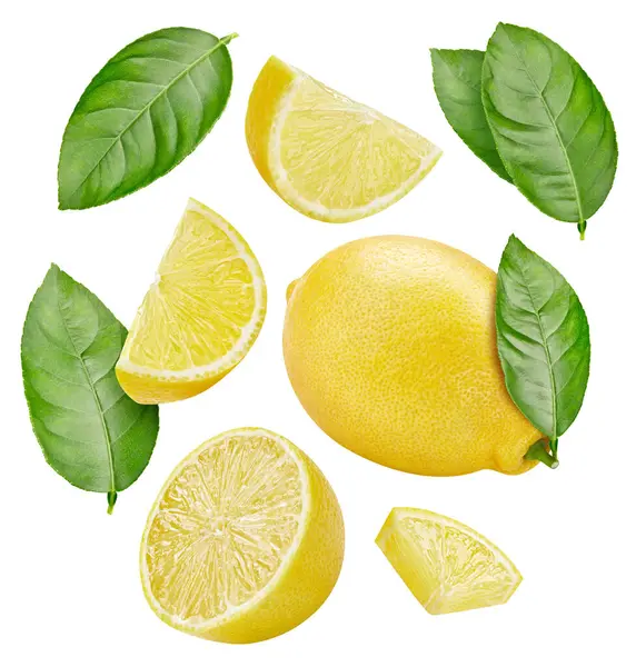 Latająca Ścieżka Lemon Clipping Dojrzała Cała Lemon Plasterek Izolowane Białym Obrazek Stockowy