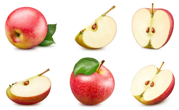 Czerwone Jabłko Świeże Organiczne Jabłko Liśćmi Wyizolowanymi Białym Tle Czerwone Obrazek Stockowy