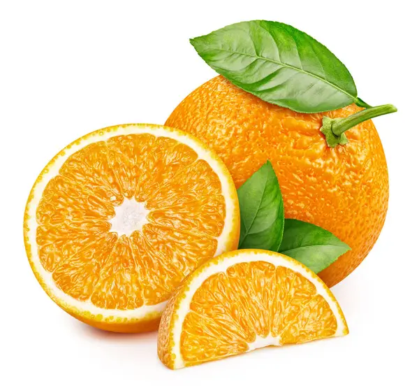 Owoc Pomarańczowy Plasterkach Pomarańczy Liściach Wyizolowanych Białym Tle Pomarańcza Ścieżką Zdjęcia Stockowe bez tantiem