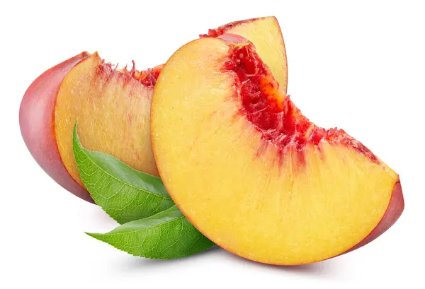Peach Slice Leaves Isolated Peaches White Background Clipping Path Stock Photo
