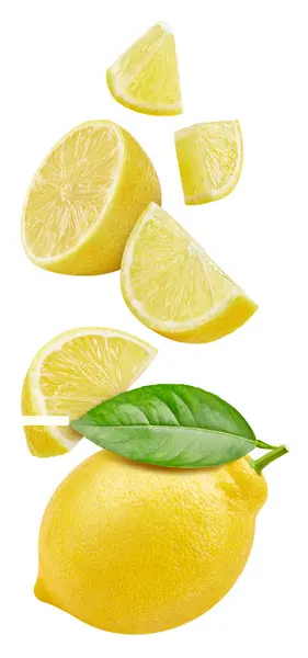 Спелые Ломтики Лимона Изолированы Белом Фоне Спелый Лимон Листьями Обрезания Стоковое Фото