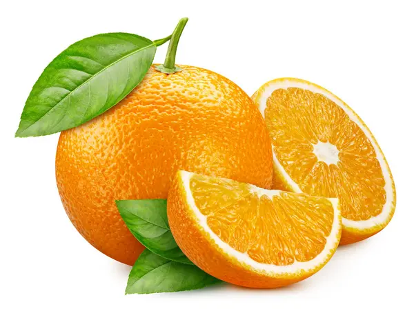 Turuncu turunçgiller beyaz arka planda izole edilmiş. Kırpma yolu olan turuncu. Yapraklı turuncu