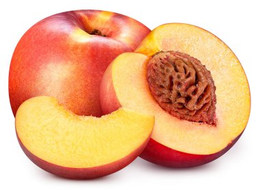 Beyaz arka planda izole edilmiş olgun şeftali meyvesi. Kırpma yolu ile şeftali kompozisyonu. Şeftalili makro stüdyo fotoğrafı